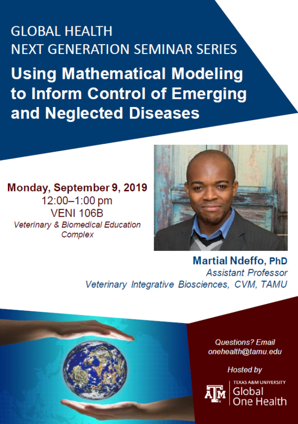 Flyer announcing Global Health NextGen Seminar on September 9, 2019, 12pm in VENI 106B featuring Dr. Martial Ndeffo