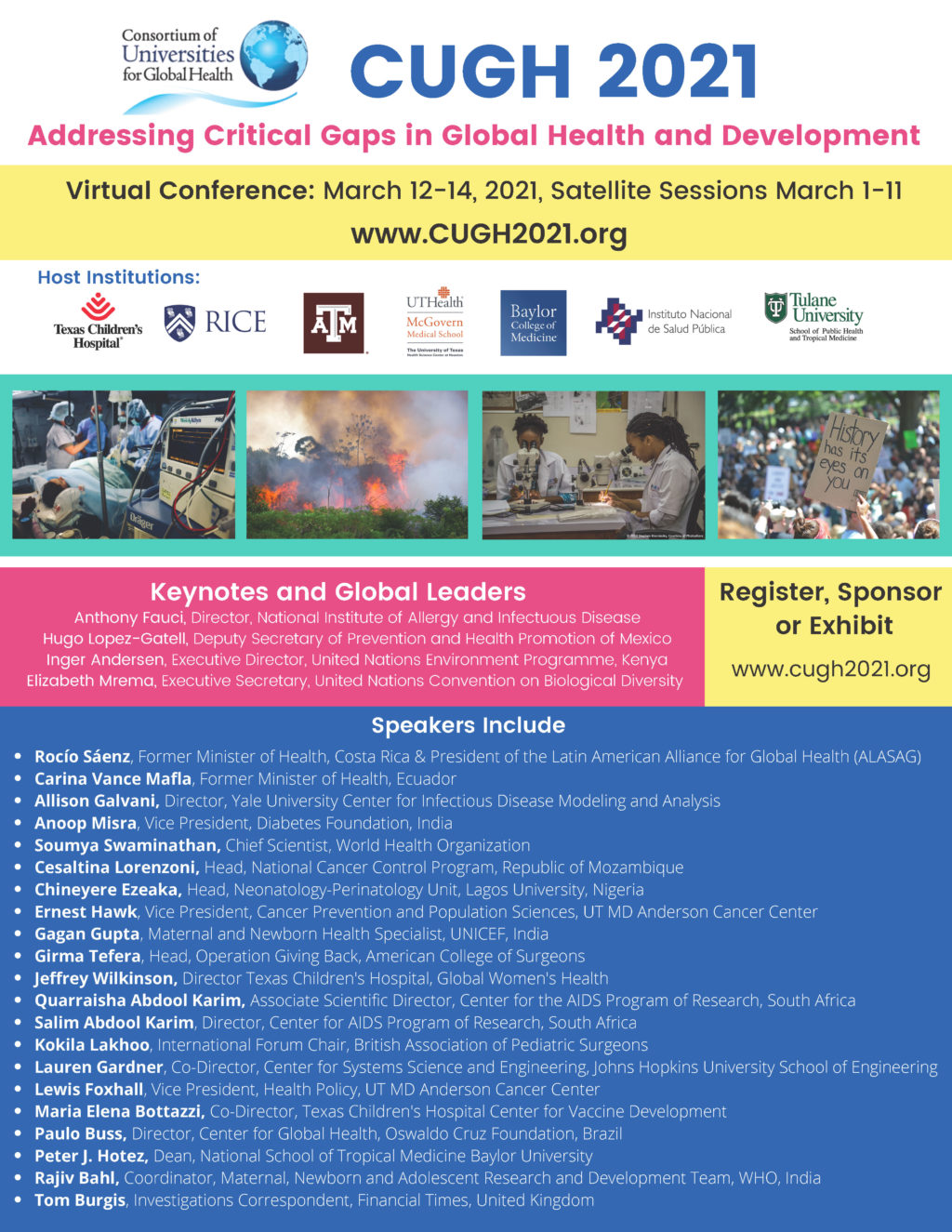 Flyer for CUGH 2021 meeting reading: 
CUGH 2021 Addressing Critical Gaps in Global Health and Development
Virtual Conference: March 12-14, 2021, Satellite Sessions March 1-11
www.CUGH2021.org
